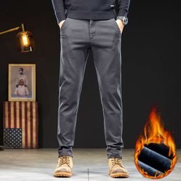 2023 Winter Men's Straight Slim Fit Fleece Casual Pants Comfortable Stretch Fabric Thickened Versatile Brown Trousers Male