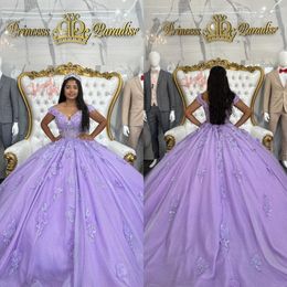 Lawendowe fioletowe sukienki księżniczki z ramion brokatowe cekiny aplikacje vestido de quinceanera Tiulle Sweet 15 Sukienka maskarady