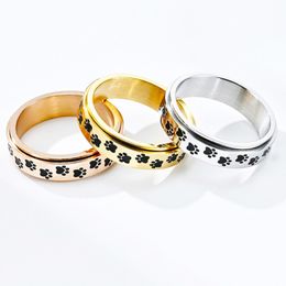 Rotatable Stainless Steel Cute Puppy Paw Ring Spinner Band Relieving Anxiety Rings for Women Men Love Rose Gold Fashion Jewellery