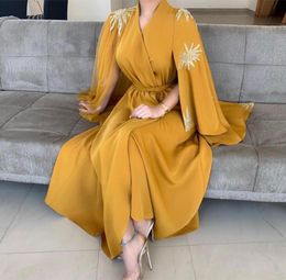 Yellow Lace Beaded A Line Asymmetrical Hem Arabic Dubai Evening Dresses with Wrap V Neck Bead Sequined Satin Formal Wear Satin Pro1666073