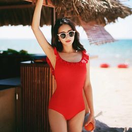 Women's Swimwear Wisuwore Korea Bikinis One Piece 2024 Women Red Solid Color Simple Sexy Swimsuit Beachwear