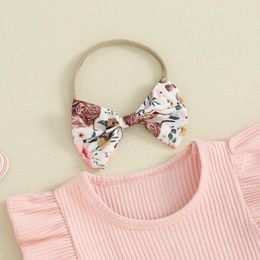 Clothing Sets Baby Girl Shorts Set Western Outfit Ruffled Ribbed Sleeve T-shirt Cow Print Suspender With Bow Headband