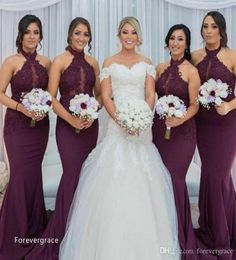 2019 Purple Grape Mermaid Bridesmaid Dress Vintage Arabic Halter Neck Lace Top Wedding Guest Maid of Honor Gown Plus Size Cust5565179