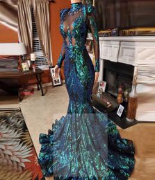 Long Sleeve High Neck Prom Gown Emerald Green Lace Mermaid Evening Dress 2020 Formal Gowns 2021 Beaded vestido sirena largo8950886