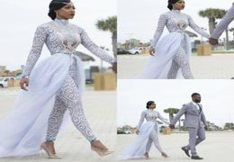 2023 Wedding Dress Gorgeous Jumpsuits With Detachable Train High Neck Beads Crystal Long Sleeves Modest Dresses African Bridal Gow2908629