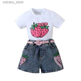 T-shirts Kids Girls Strawberry Short Sleeve Shirts Tops High Waist Denim Shorts Outfit Sets Little Girl Summer Clothes Set L313