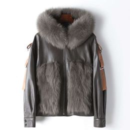 Clothing Of Small Amount Spring And Autumn New Sheep Skin Patchwork Fox Collar 2024 Women's Hooded Real Fur Coat 6545