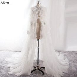 Charming Bridal Bolero with Ruffles Long Sleeve Sequined Lace Applique Jacket Wedding Cape Shawl Wraps Maternity Dress Photo Shoot Robe CL3379