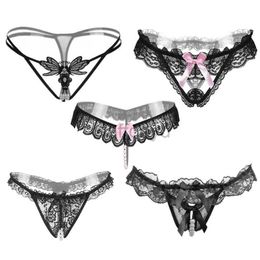 Panties Women's 5pcs/lot 5 Style Black Color Pearl Panties Women Underwear Sexy G String Lace Thongs Low Waist Bowknot Strings 211222 ldd240311