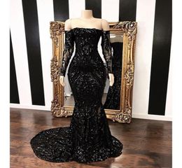 Vintage Black Mermaid Prom Dresses With Long Sleeve Off Shoulder Turkey Vestidos Sparkly Sequins Formal Evening Gowns Glitter Part5532025
