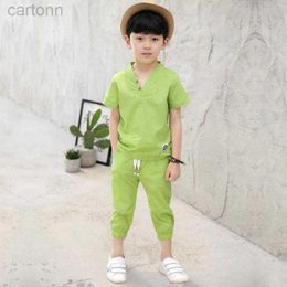 Clothing Sets Clothing Sets Kids Clothes Short Sleeve T Shirt+pant 2 Pc Suit Children Suits Fashionable Pure Cotton Linen Summer 4-12 Ages Green Blue ldd240311