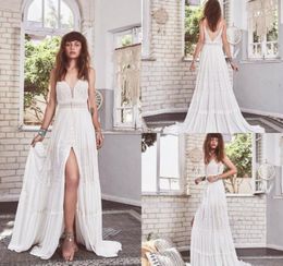 2019 Gypsysis Bohemian Vestidos de casamento Spaghetti Lace Appliqued Front Split A Line Boho Wedding Dress Sweep Train Beach Bridal Gow6120821