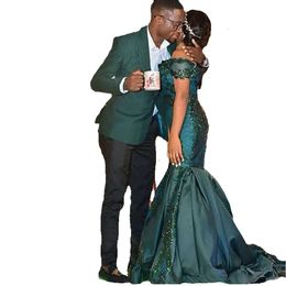 Traditional The Off African New Green Dresses Formal Shoulder Sequins Lace Appliques Long Mermaid Evening Gowns Plus Size Prom Dress GG