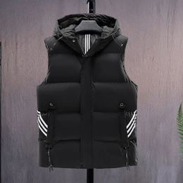 Men Hooded Vests Black Korean Fashion Heated Sleeveless Padded Jacket Casual Male Coat Autumn Winter Warm Creamywhite Waistcoat 240229