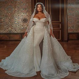 Middle East Elegant Sparkling Plus Size Mermaid Wedding Dresses Sequins Overskirts Bridal Gowns Off Shoulder Detachable Wedding Dr297B