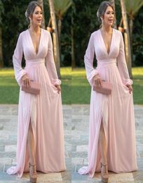 Pink Chiffon Evening Dresses Deep V Neck Long Sleeves Prom Dress Side Split A Line Bride Party Gowns6748555