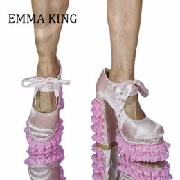 Women Lolita Platform Heels Pink Layered Ruffle Chunky Heels Pumps Ladies Lace-up Satin Ruffles Shoes Cute Wedding Party Shoes 240227