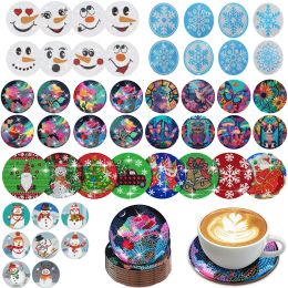 Stitch 8Pcs DIY Christmas Diamond Painting Coaster Cartoon Snowman Tree Diamond Mosaic Cup Pad Table Placemat Cushion Xmas Decor Gift