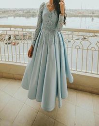 Light Blue Tea Length Party Formal Dresses 2022 With Lace Long Sleeve Aline Draped Aline Plus Size Prom Dress Evening Cocktail G5444651