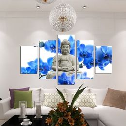 No Frame 5 Panel Large orchid background Buddha Painting Fengshui Canvas Art Wall Pictures for Living Room Home Decor2039