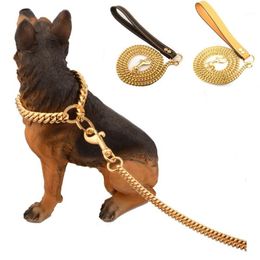 Stainless Steel Pet Gold Chain Dog Leashes Leather Handle Portable Leash Rope Straps Puppy Dog Cat Training Slip Collar Supplies1288K