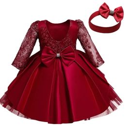 Christmas Dress for Baby Girls Long Sleeve Lace Red Tutu Gown Wedding Birthday Party Princess Dresses Kids Vestidos 1-5 esYrs 240307