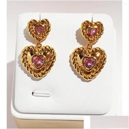 Stud Earrings Brass Twisted Pink Zircon Double Heart Shape Dangle For Drop Delivery Dhtlr