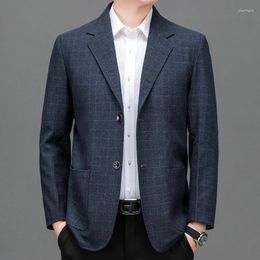 Men's Suits 2024 Spring Autumn Men Plaid Blazers Blue Gray Navy Checkered Subtle Pattern Suit Jacket Male Corporate Fashion Uniform Office