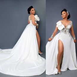 2021 Vintage Mermaid Lace Crystal Wedding Dresses Bridal Gowns Arabic Aso Ebi Long Sleeves Illusion Neck High Side Split Detachabl224G