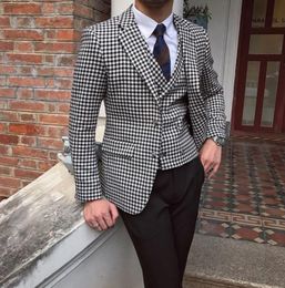 Mens Suits Houndstooth Dogstooth Suits Checkered Tuxedos Blazer Prom Formal Dress Custom Made Top Quality Wedding Tuxedos7252673