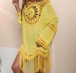 Spring Summer Beach Resort Bikini Blouse Fringed Skirt Hand Hook Stitching Dress Women Sunscreen Lady Yellow