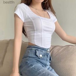 Women's T-Shirt Summer Korean Fashion Y2K T-shirt Woman Japanese Square-neck Sexy Crop Top Women Corset Tee Shirt Vintage White Tshirt Cloth 240311