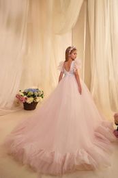 Girl Dresses Flower Dress For Wedding Pink Embroidery Tulle Applique Ruffles Floor Length Birthday Ball Gowns Kids First Communion