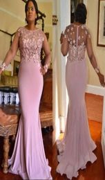 New Dusty Pink Mermaid Bridesmaid Dresses Jewel Neck 3D Flowers Beading Long Sleeves Sheer Back Wedding Guest Dress Maid of Honour 7990471