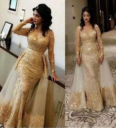 2021 Arabic Gold Champagne Evening Dresses Wear for Women Mermaid Lace Appliques Beads Overskirts Floor Length Formal Prom Dress P3516458