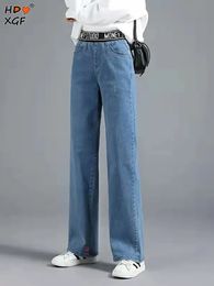 Moda coreana baggy perna larga calça casual looes elástico de cintura alta em linha reta denim calças das mulheres vintage pantalones y2k calças 240311