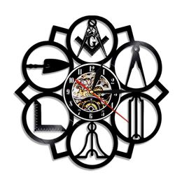 1Piece Masonic Mason Vinyl Record Wall Clock Vintage 3D Handmade Home Decor Clock Wall Art LJ201208296t