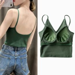 T-Shirt Sexy Open Back Padded Tank Top Built in Bra Top U Neck Summer Padded Women's Crop Top Women Seamless Summer Underwear Lingerie