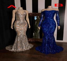 Sparkly Sequins Applique Mermaid Evening Dresses 2020 Royal Blue Silver Long Sleeve Sexy African Black Girl Prom Party Dress Gown1810280