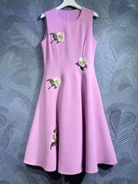Casual Dresses Luxury Embroidery Dress 2024 Spring Summer Fashion Style Women Flower Patterns Midi Purple Black Elegant Mujer