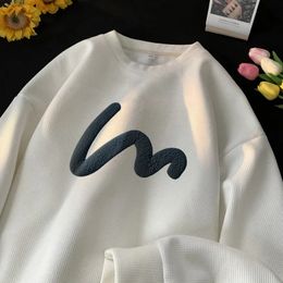 Korean Men Sweatshirt Comfortable Waffle Fabric Crew Neck Sweatshirts Wave Print Casual Loose Sports Pullovers Streetwear Hoodie 240307
