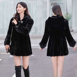 Length Mink Haining Medium Hooded For Women's Whole Five Wave Tail Faux Fur Long Coat 5948