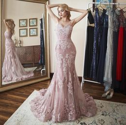 Sexy Mermaid Evening Gown Lace Applique Spaghetti Strap Formal Evening Prom Dress with Train Low Back Long Party Dress1097600