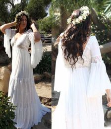 2020 Plus Size Boho Wedding Dresses A Line V Neck Appliqued Lace Bell Sleeve Bridal Gowns Sweep Train Custom Made Bohemian Wedding5199885