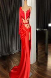 Sexy Red Illusion High Side Split Long Prom Dresses One Shoulder Satin Red Carpet Prom Gowns Formal Dress Evening Gowns Abendkleid4664334