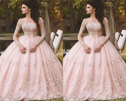 Arabic Ball Gown Pink Quinceanera Dresses Boat Neck Long Sleeve Lace Sheer Neck 2019 Vintage Sweet 16 Girls Debutantes Prom Gown C6378269