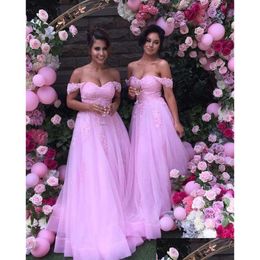 In Stock Bridesmaid Dresses Romantic Pink Off The Shoders Prom Dress Long With Short Sleeves Applique Wedding Guest Evening Formal F Dh3Kr