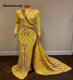 Uzun Kollu Seksi Balo Elbiseleri 2021 Yüksek Boyun Yan Yarık Sarı Sequin Afrika Siyah Kızlar Denizkızı Akşam Partisi GOWNS8584165