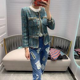 Women Tweed Jacket Autumn Blue Round Neck Long Sleeve Diamond Button Short Coat Fashion Vintage Female Jacket S-XL 240301