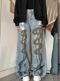 Women's Jeans Line Graffiti Hole Design Vintage Street Style Cool Girl High Waisted Neutral Pants Female Retro Denim Trousers